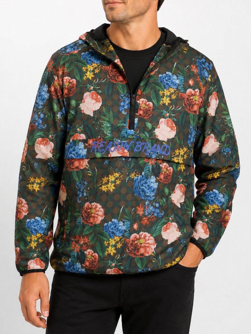 Reason Brand Floral Anorak Windbreaker Jacket Men's L Hooded Half Zip Pullover